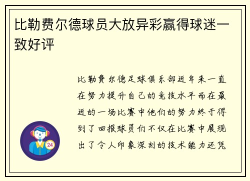 比勒费尔德球员大放异彩赢得球迷一致好评