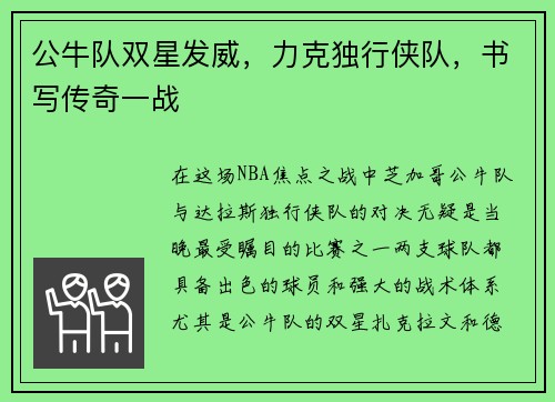 公牛队双星发威，力克独行侠队，书写传奇一战