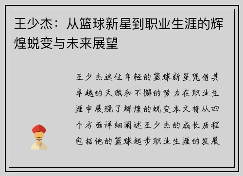 王少杰：从篮球新星到职业生涯的辉煌蜕变与未来展望