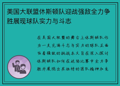美国大联盟休斯顿队迎战强敌全力争胜展现球队实力与斗志