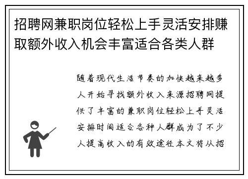 招聘网兼职岗位轻松上手灵活安排赚取额外收入机会丰富适合各类人群