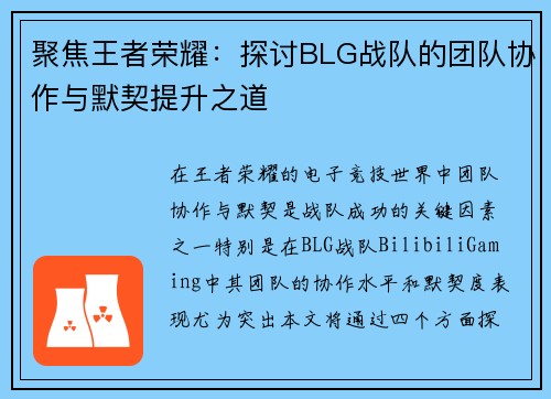 聚焦王者荣耀：探讨BLG战队的团队协作与默契提升之道