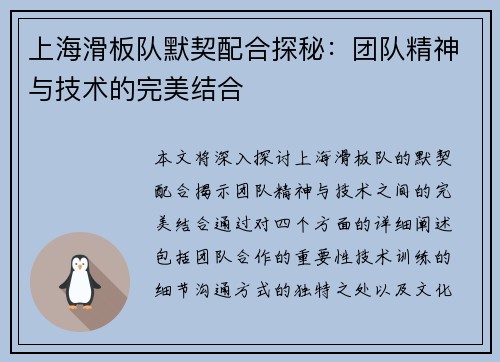上海滑板队默契配合探秘：团队精神与技术的完美结合